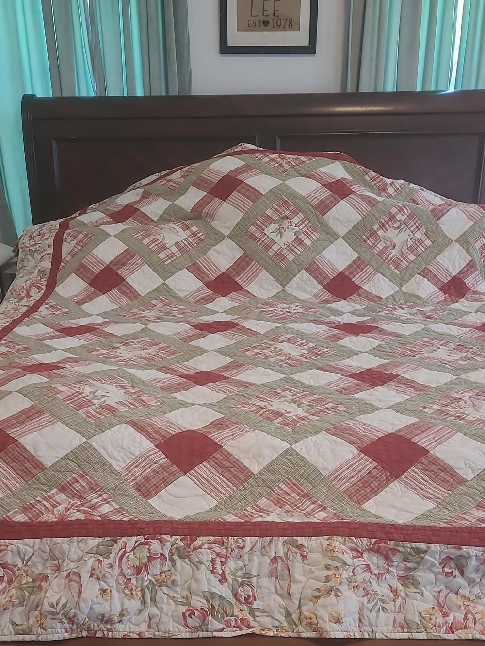 Rust and Cream Patchwork Quilt Bedspread with Subtle Green Accents